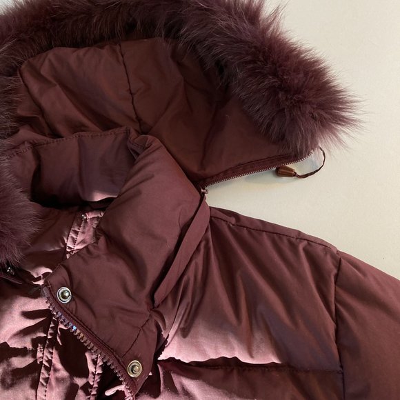 Down Puffer Jacket  Maroon Burgundy Embroidered Coat with Fur Trim - Picture 9 of 15